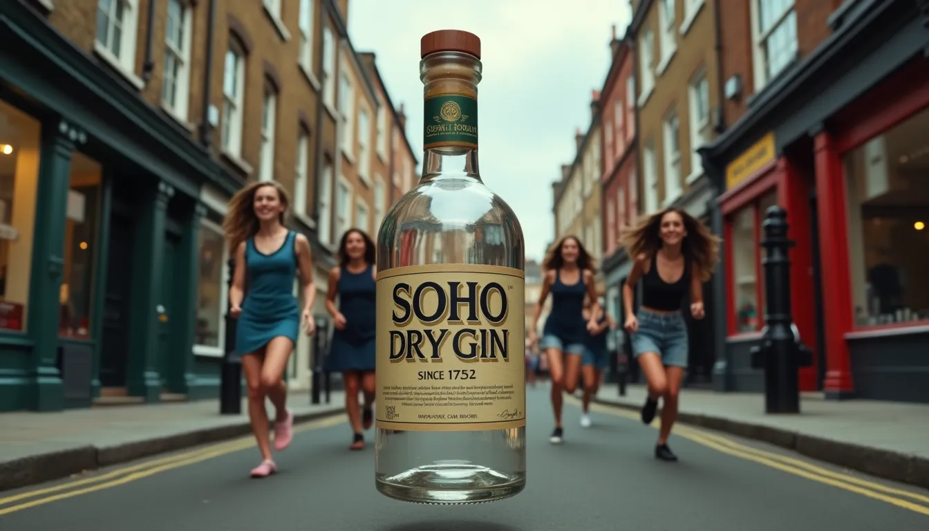 Bottle of Gin gliding down a Soho street